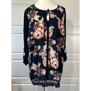 Daniel Rainn Floral Flowy Tunic Top‎ Keyhole Long Sleeve Blouse Plus Size 1X